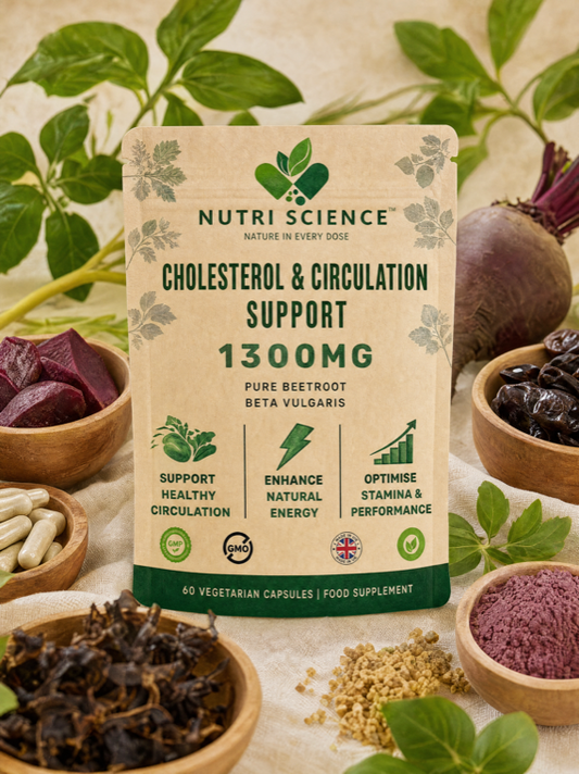 Cholesterol & Circulation Support pouch — front of pack: 1,300mg beetroot extract and 2,000mg plant sterols, 60 vegan capsules, made in the UK